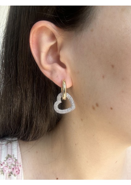 Taşlı Kalp Halka Küpe