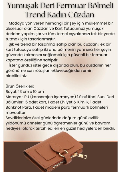 Elif Model Kadın Cüzdan Yumuşak Deri Fermuarlı Çok Bölmeli Şık Tasarım