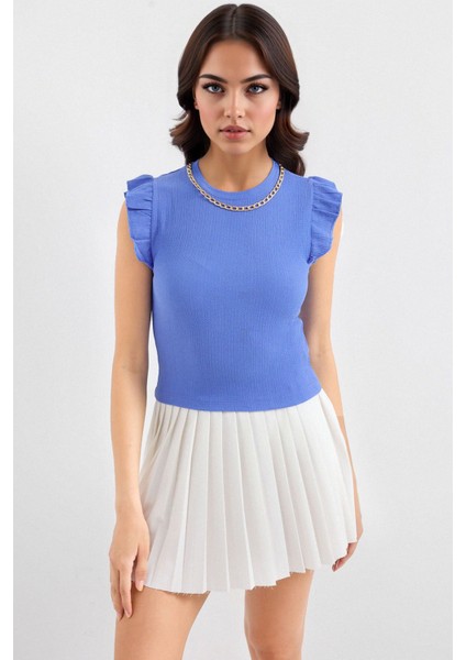 Kadın BDART Nakışlı Dokulu Yuvarlak Yakalı Bluz Blue fiyatları