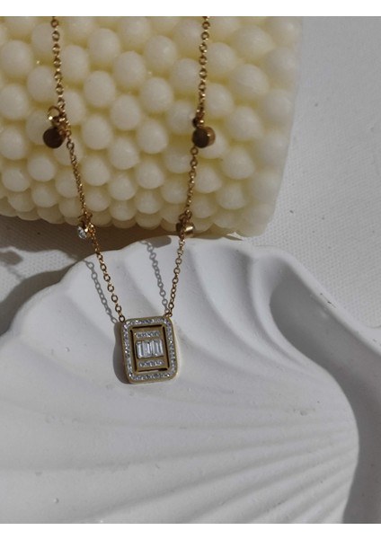 Baget Zirkon Taşlı Gold Paslanmaz Çelik Kolye