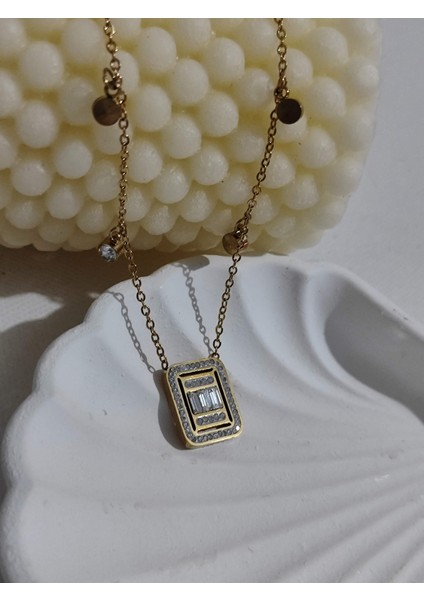 Baget Zirkon Taşlı Gold Paslanmaz Çelik Kolye fiyatları