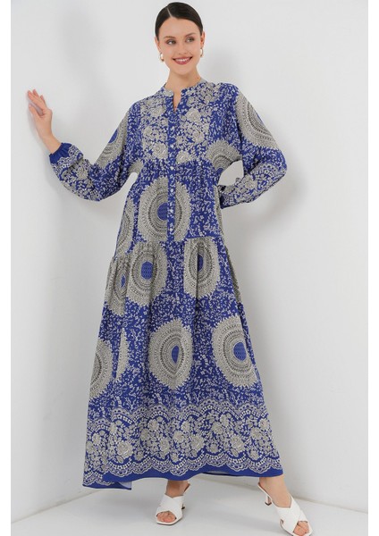 Kadın BDART Düğmeli V Yaka Desenli Maxi Elbise Kobalt Mavisi