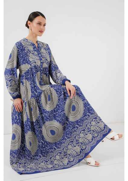 Kadın BDART Düğmeli V Yaka Desenli Maxi Elbise Kobalt Mavisi