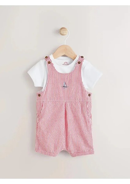 %100 Pamuklu Kımrızı Tekne Desenli Kısa Kollu Salopet Body Zıbın Set