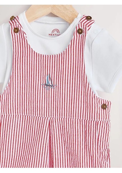 %100 Pamuklu Kımrızı Tekne Desenli Kısa Kollu Salopet Body Zıbın Set fiyatları