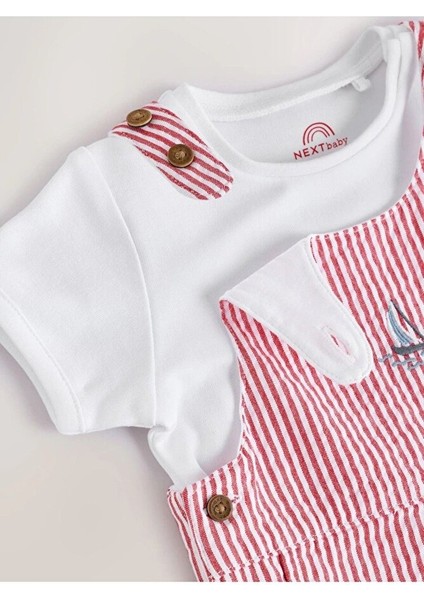 %100 Pamuklu Kımrızı Tekne Desenli Kısa Kollu Salopet Body Zıbın Set modelleri