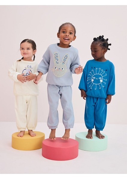 Pamuklu Mavi Hayvan Desenli Uzun Kollu 3'lü Alt Üst Takım