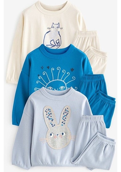 Pamuklu Mavi Hayvan Desenli Uzun Kollu 3'lü Alt Üst Takım modelleri