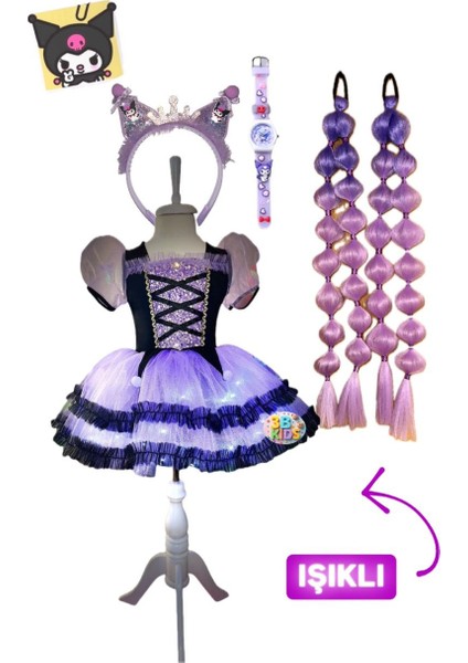Kuromi Işıklı Elbise Kostüm Kuromi Saat Kuromi Saç Kuromi Taç 4 Lü Set Doğum Günü Parti Düğün Davet
