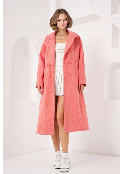Kadın BDART Oversize Çift Düğmeli Herringbone Palto Parlak Turuncu