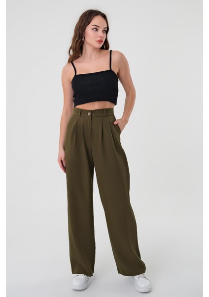 Kadın Haki Yüksek Bel Palazzo Pantolon Günlük Kullanım İçin Rahat Tasarım