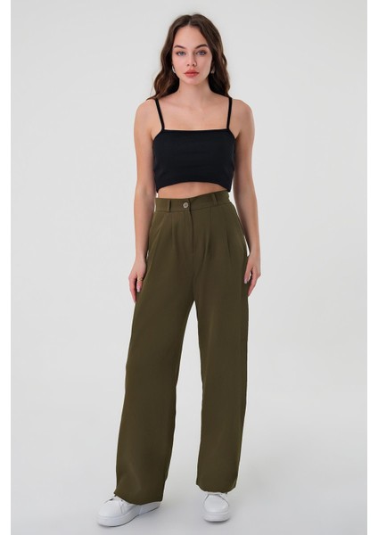 Kadın Haki Yüksek Bel Palazzo Pantolon Günlük Kullanım İçin Rahat Tasarım fırsatları