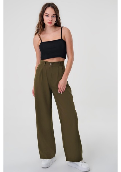 Kadın Haki Yüksek Bel Palazzo Pantolon Günlük Kullanım İçin Rahat Tasarım indirimleri