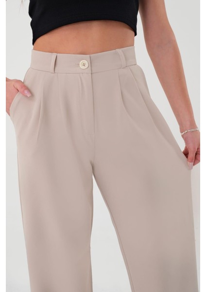 Kadın Palazzo Pantolon Yüksek Bel Klasik Stil Gri Renkli Rahat Kesim