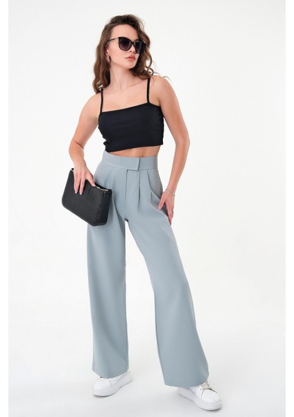 Kadın Yeşil Yüksek Bel Cırtlı Palazzo Pantolon