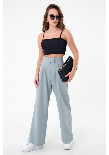 Kadın Yeşil Yüksek Bel Cırtlı Palazzo Pantolon modelleri