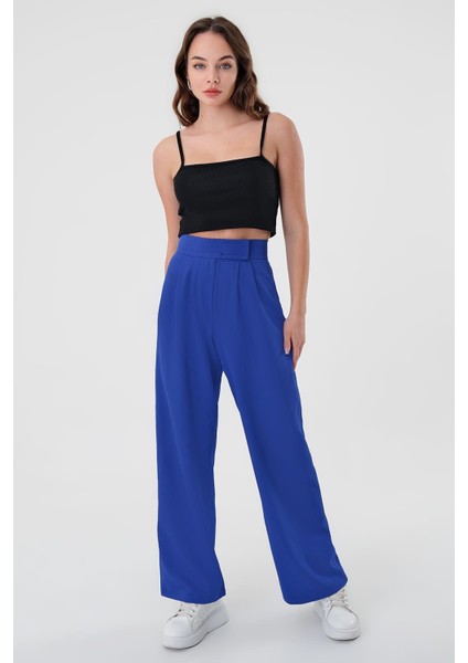 Kadın Saks Mavi Yüksek Bel Cırtlı Palazzo Pantolon