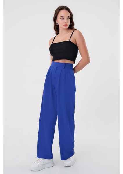 Kadın Saks Mavi Yüksek Bel Cırtlı Palazzo Pantolon fiyatları