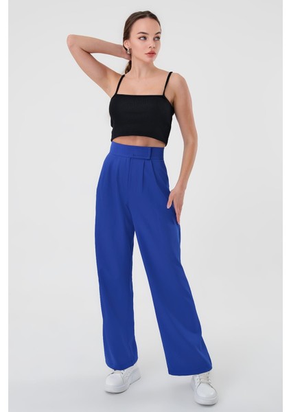 Kadın Saks Mavi Yüksek Bel Cırtlı Palazzo Pantolon modelleri