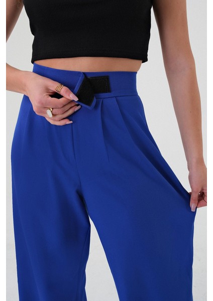 Kadın Saks Mavi Yüksek Bel Cırtlı Palazzo Pantolon fırsatları