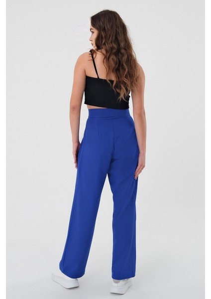 Kadın Saks Mavi Yüksek Bel Cırtlı Palazzo Pantolon indirimleri
