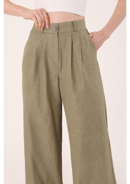 Kadın Haki Keten Palazzo Pantolon Yüksek Bel ve Boru Paça Stiliyle Günlük Şıklık modelleri