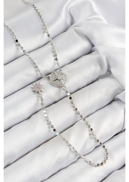 Pirinç Zirkon Taşlı Ezme Zincirli Madalyon Model Gümüş Renk Y Kolye - PRT3500EB08349