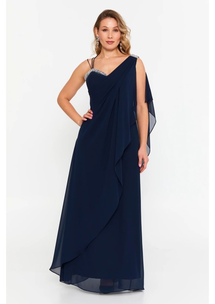 Kadın Büyük Beden Kolsuz Taş Detaylı Uzun Abiye Elbise 6671 Lacivert