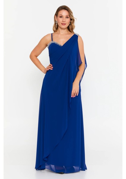 Kadın Büyük Beden Kolsuz Taş Detaylı Uzun Abiye Elbise 6671 Saks