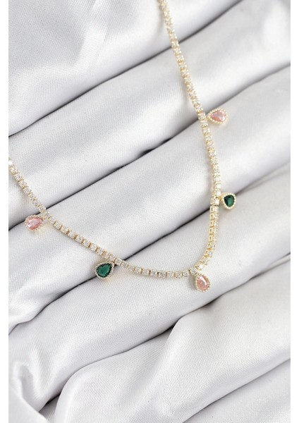 Pirinç Zirkon Taşlı Su Yolu Damla Model Gold Renk Kadın Kolye - PRT3500EB08834