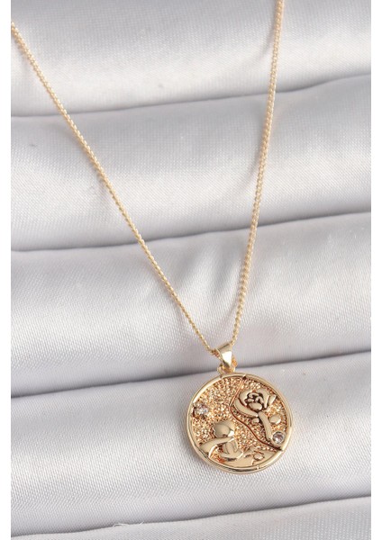 Pirinç Gold Renk Zirkon Taş Detaylı Gül Işleme Madalyon Model Kadın Kolye - PRT3500EB03817