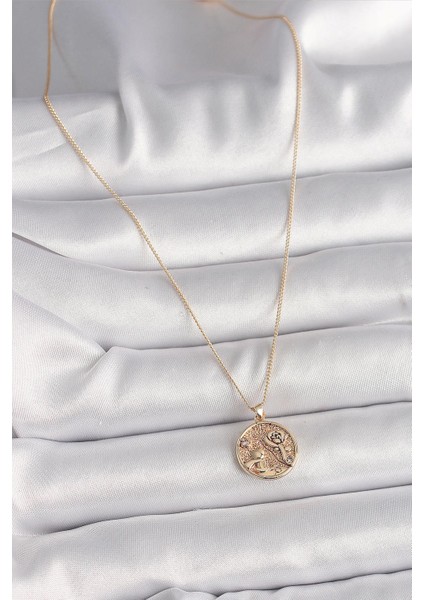 Pirinç Gold Renk Zirkon Taş Detaylı Gül Işleme Madalyon Model Kadın Kolye - PRT3500EB03817 fiyatları