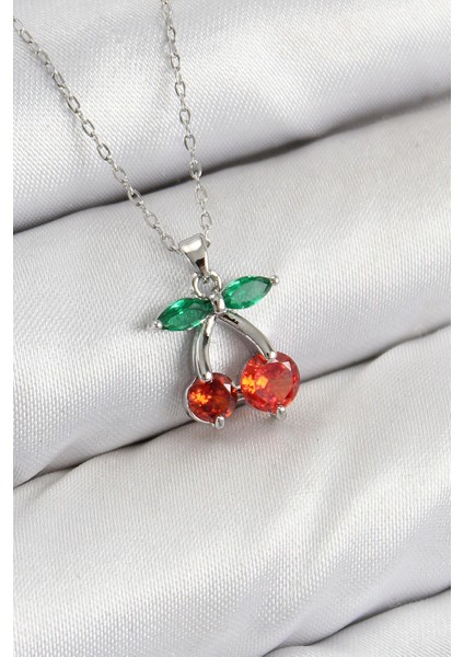 Pirinç Zirkon Taşlı Kiraz Model Gümüş Renk Kadın Kolye - PRT3500EB08155