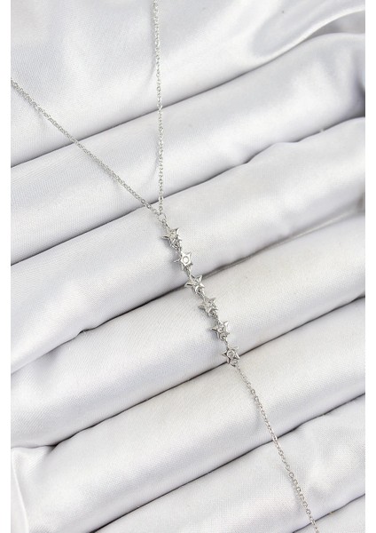 Pirinç Zirkon Taşlı Sıralı Yıldız Figürlü Y Model Gümüş Renk Kadın Kolye - PRT3500EB06970