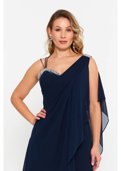 Kadın Büyük Beden Kolsuz Taş Detaylı Uzun Abiye Elbise 6671 Lacivert modelleri