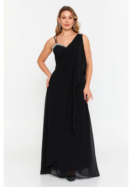 Kadın Büyük Beden Kolsuz Taş Detaylı Uzun Abiye Elbise 6671 Siyah