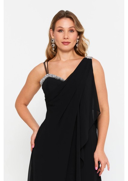 Kadın Büyük Beden Kolsuz Taş Detaylı Uzun Abiye Elbise 6671 Siyah modelleri