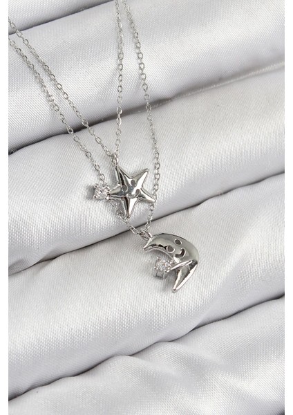 Pirinç Zirkon Taşlı Yıldız ve Ay Model Gümüş Renk Kadın Kolye - PRT3500EB08157