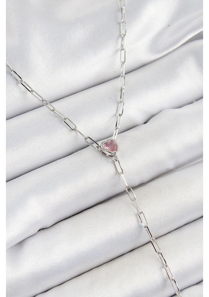 Pirinç Zirkon Taşlı Pembe Kalp Figürlü Y Model Gümüş Renk Kadın Kolye - PRT3500EB06968