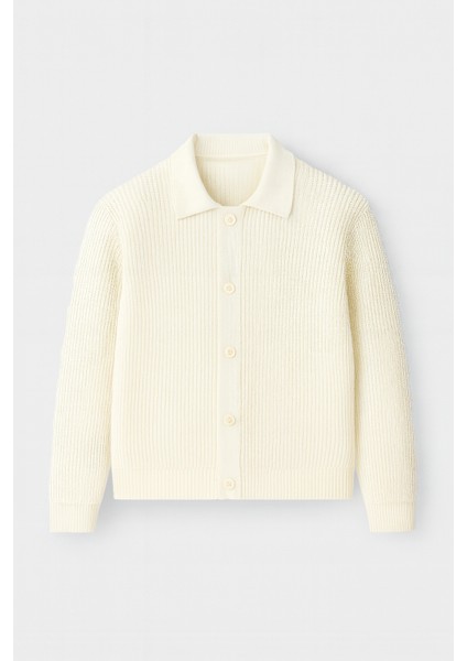 Oversize Selanik Örgü Düğmeli Erkek Hırka- Ekru