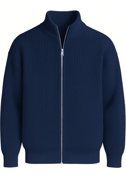 Oversize Selanik Örme Fermuarlı Erkek Hırka- Indigo