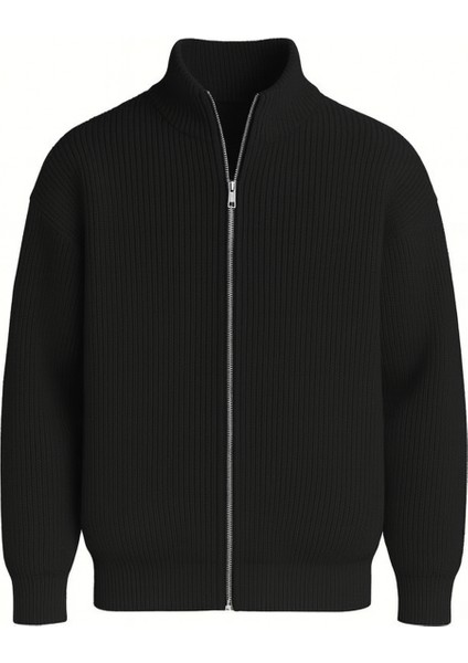 Oversize Selanik Örme Fermuarlı Erkek Hırka- Siyah