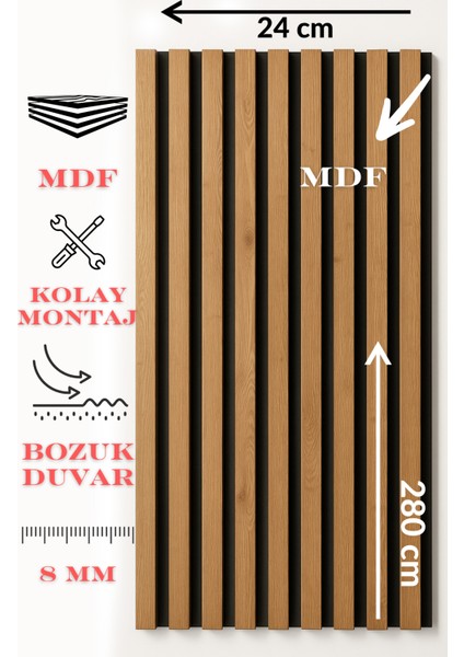 Mdf Tabanlı Çıtalı Duvar Paneli 24X280 cm – Akustik Dekoratif Panel | 8 mm Kalınlık fiyatları
