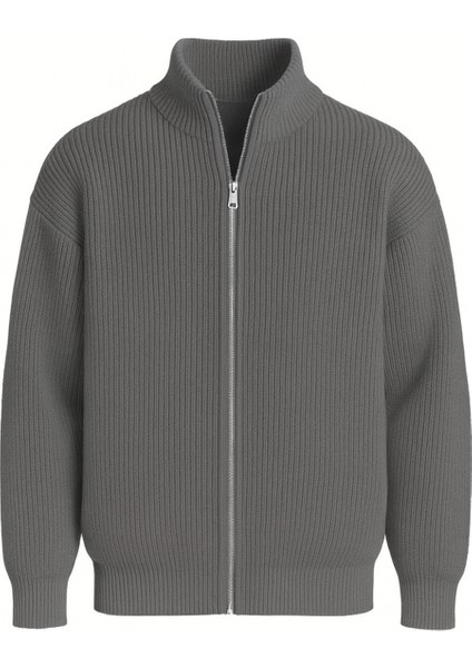 Woody Oversize Selanik Örme Fermuarlı Erkek Hırka- Füme