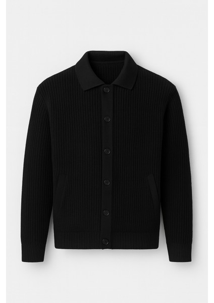 Oversize Selanik Örgü Düğmeli Erkek Hırka-Siyah