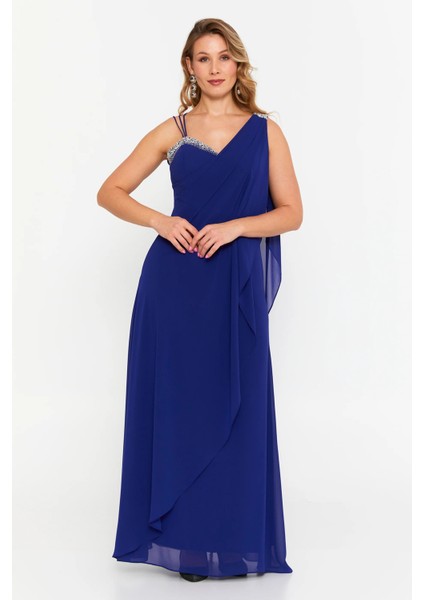 Kadın Büyük Beden Kolsuz Taş Detaylı Uzun Abiye Elbise 6671 Mor