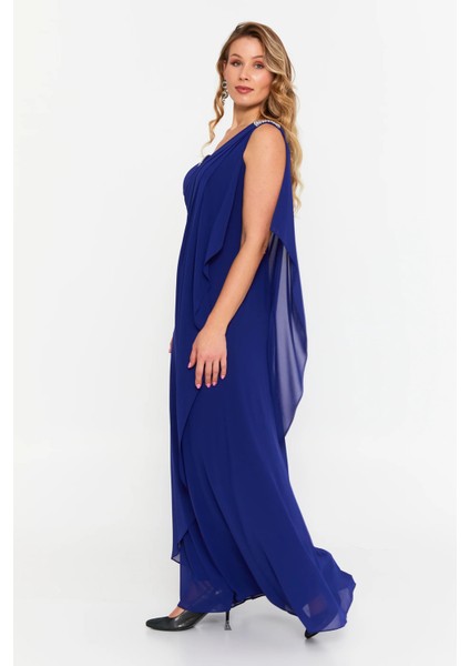 Kadın Büyük Beden Kolsuz Taş Detaylı Uzun Abiye Elbise 6671 Mor fiyatları