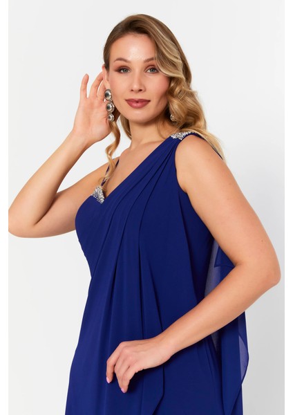 Kadın Büyük Beden Kolsuz Taş Detaylı Uzun Abiye Elbise 6671 Mor modelleri