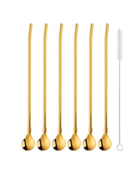 6'lı Gold Pipetli Latte ve Kokteyl Kaşığı Seti, Temizleme Fırçalı, 22 cm Yuvarlak Tasarım