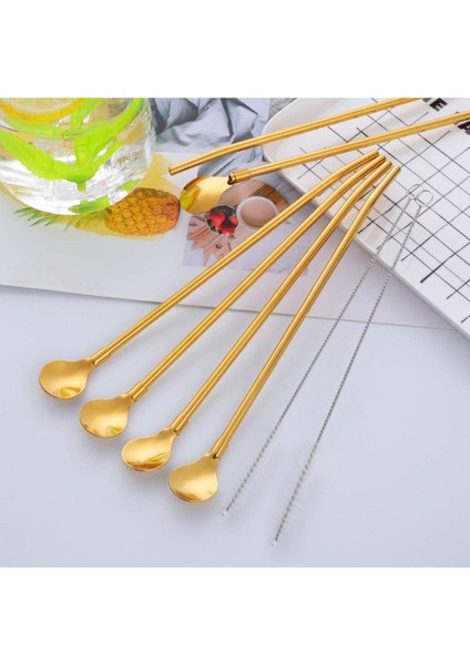 6'lı Gold Pipetli Latte ve Kokteyl Kaşığı Seti, Temizleme Fırçalı, 22 cm Yuvarlak Tasarım modelleri